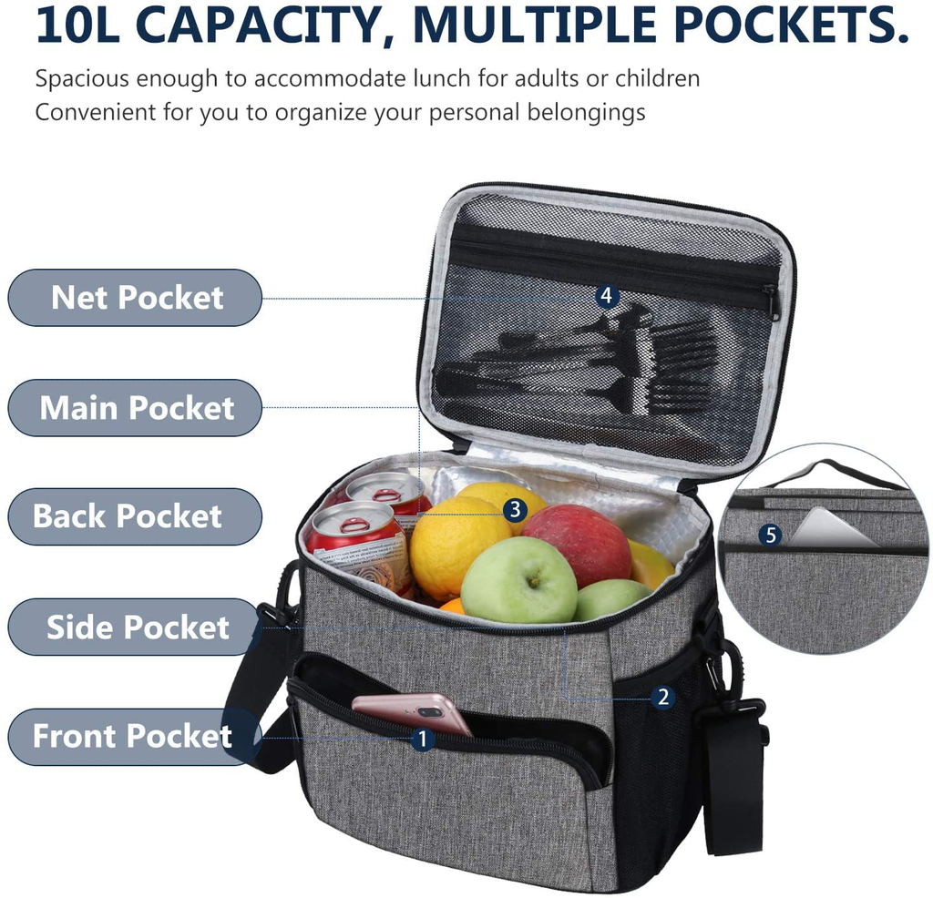 Leakproof Lunch Bag for Men Women Lunch Cooler Bag Insulated Lunch Box Organizer Large Lunch Bags with Adjustable Shoulder Strap Adult Reusable Lunchbag Work Picnic (Grey), by Gloppie