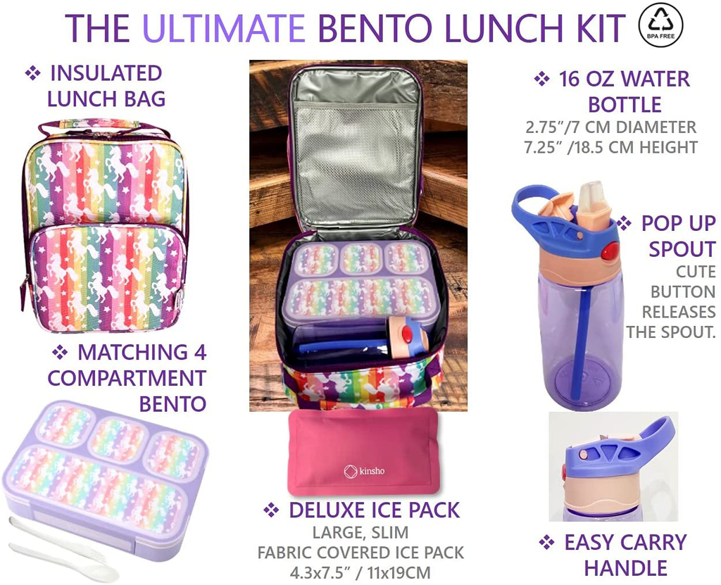 Bento Box Lunch Bag Water Bottle and Ice Pack Set for Girls, Kids | Snack Containers with 4 Compartment Dividers, Boxes for Toddlers Pre-School Daycare Leakproof BPA Free, Rainbow Unicorn