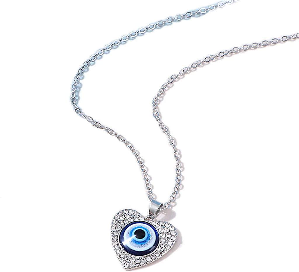 Caiyao Lucky Turkish Blue Evil Eye Rhinestone Bead Pendant Necklace round Love Heart Adjustable Link Chain Protection Necklace for Women Girl Teen Good Luck Amulet Jewelry Gift