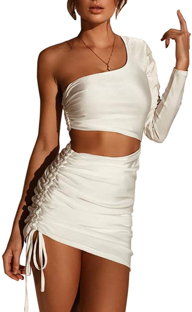 CHYRII Women's Sexy One Shoulder Sleeveless Cutout Ruched Bodycon Mini Club Dress
