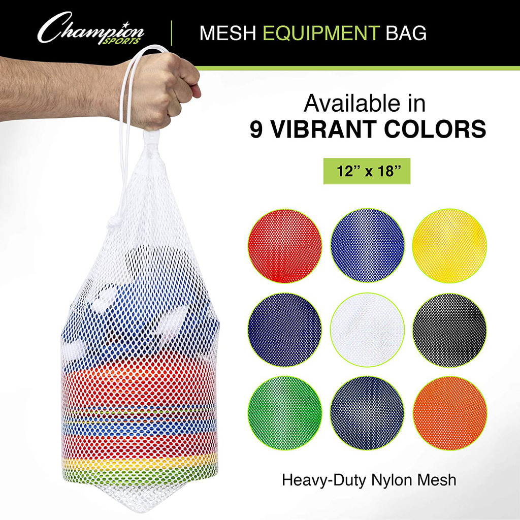 Champion Sports Mesh Sports Equipment Bag, Black, 12x18 Inches - Multipurpose, Nylon Drawstring Bag with Lock and ID Tag for Balls, Beach, Laundry