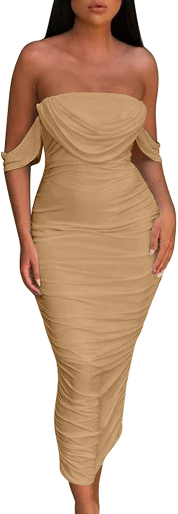 HOCILLE Women's Sexy Ruched Bodycon Strapless Off Shoulder Midi Club Party Tube Dresses