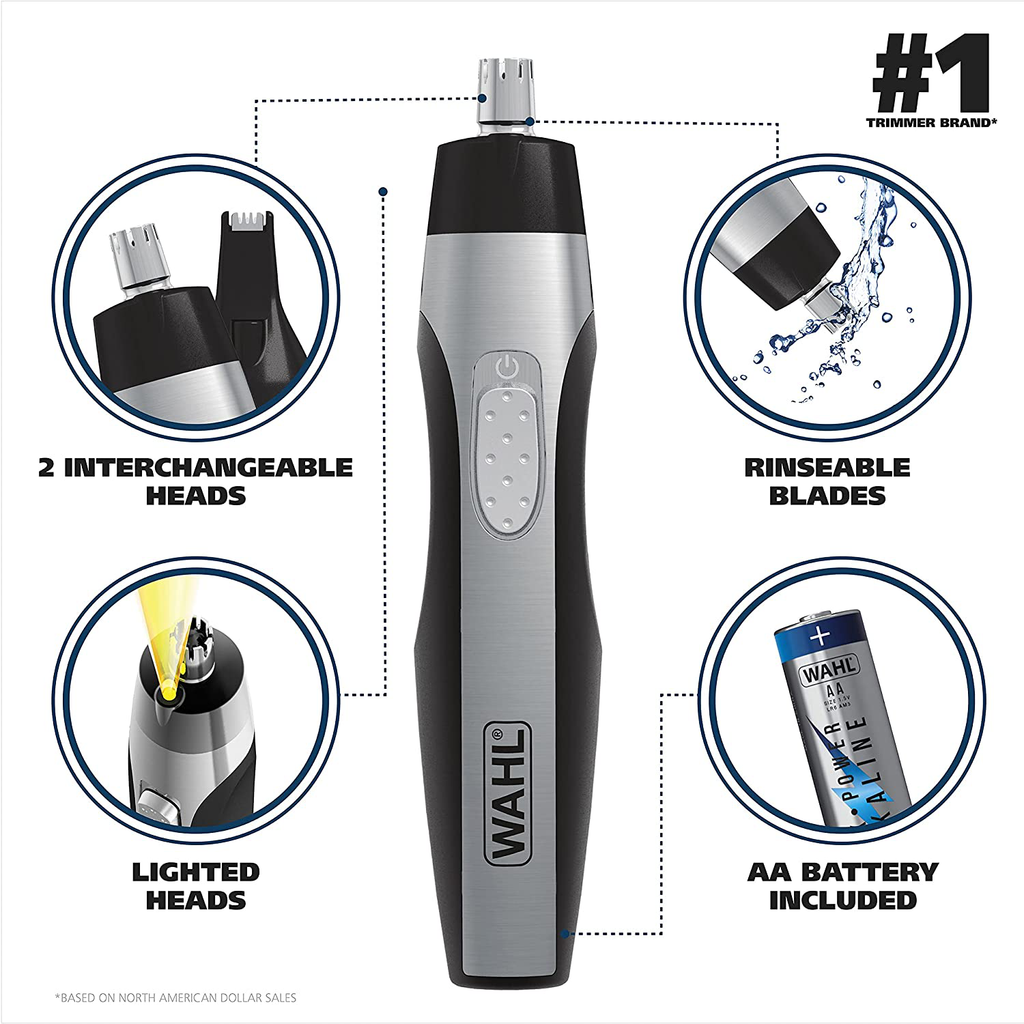 WAHL Lighted Ear Nose Brow Clipper Painless Eyebrow Facial Hair Trimmer for Men Women Battery Operated Electric Groomer, Black/Silver, 1 Count