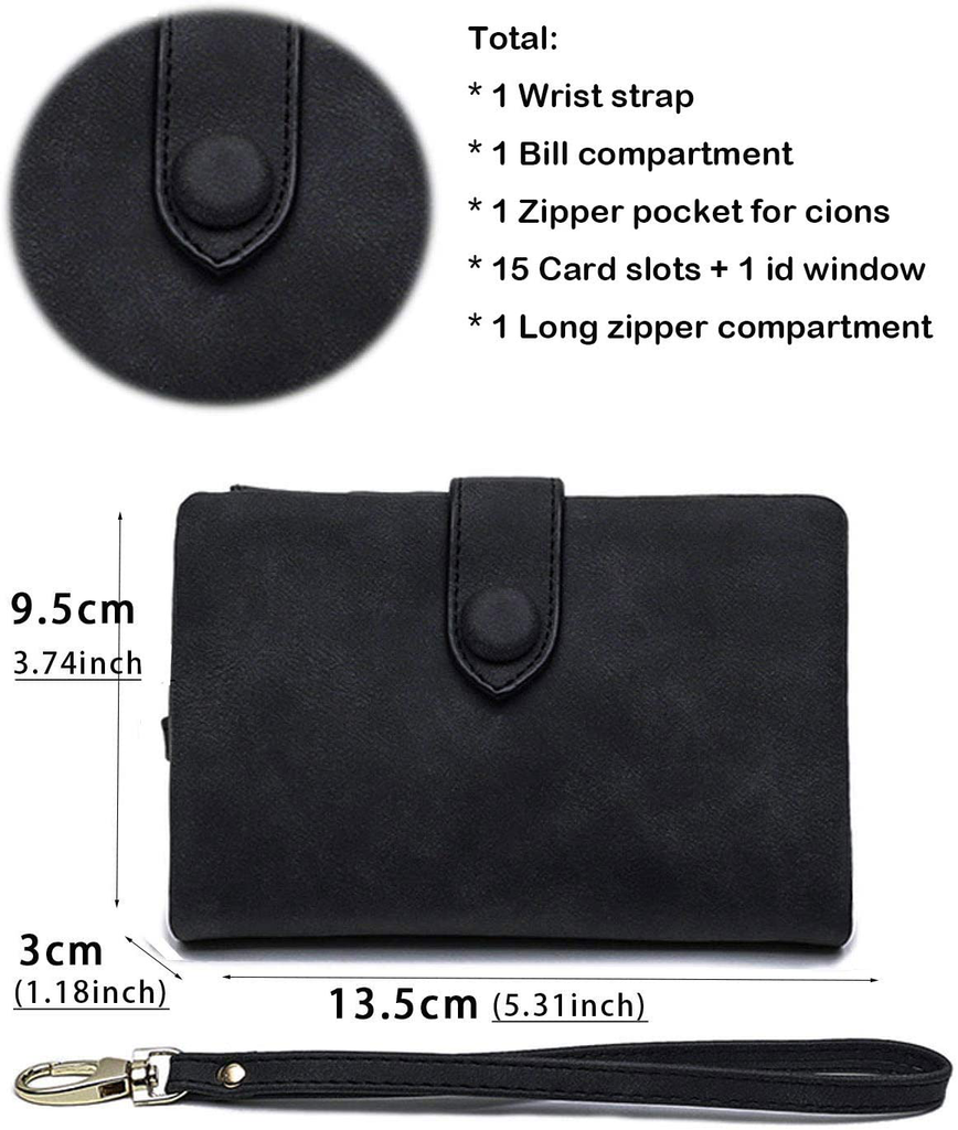 AOXONEL Women's Small Bifold Leather wallet Rfid blocking Ladies Wristlet with Card holder id window Coin Purse (Black)
