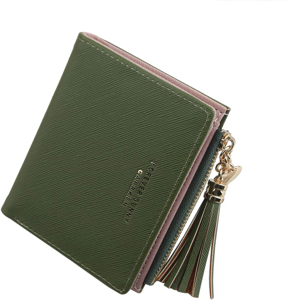 Belsmi RFID Blocking Women's Small Compact Slim Leather Mini Wallet Lady Purse Zipper Pocket Card Organizer Bifold Wallets (Deep Green)