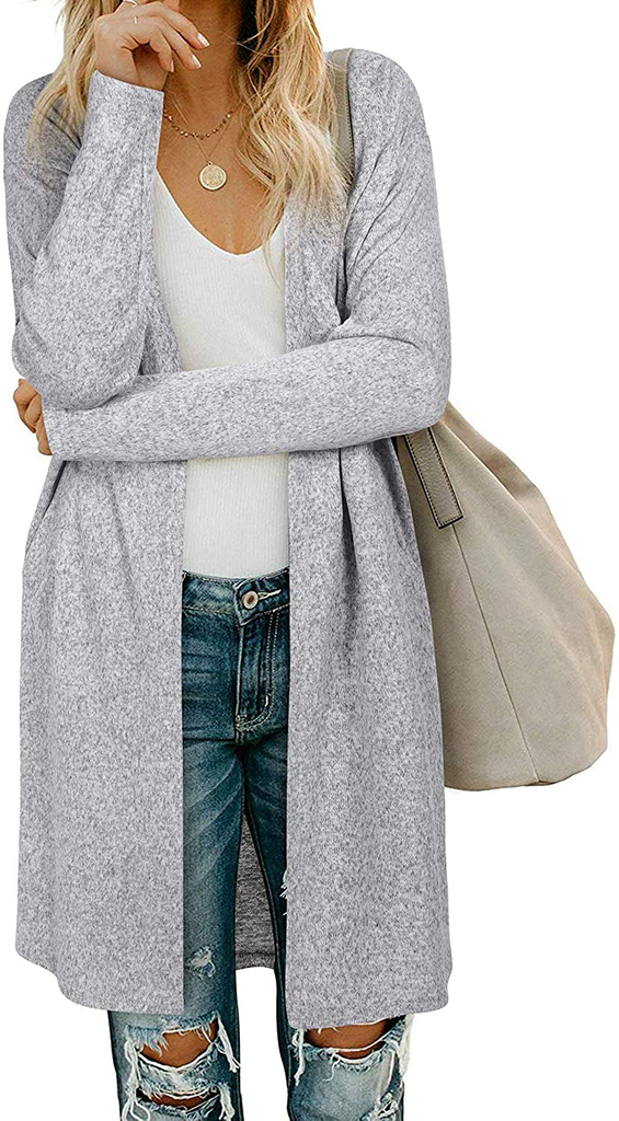 OUGES Women's Open Front Cardigan Shirt with Pockets Long Sleeve Lightweight Coat