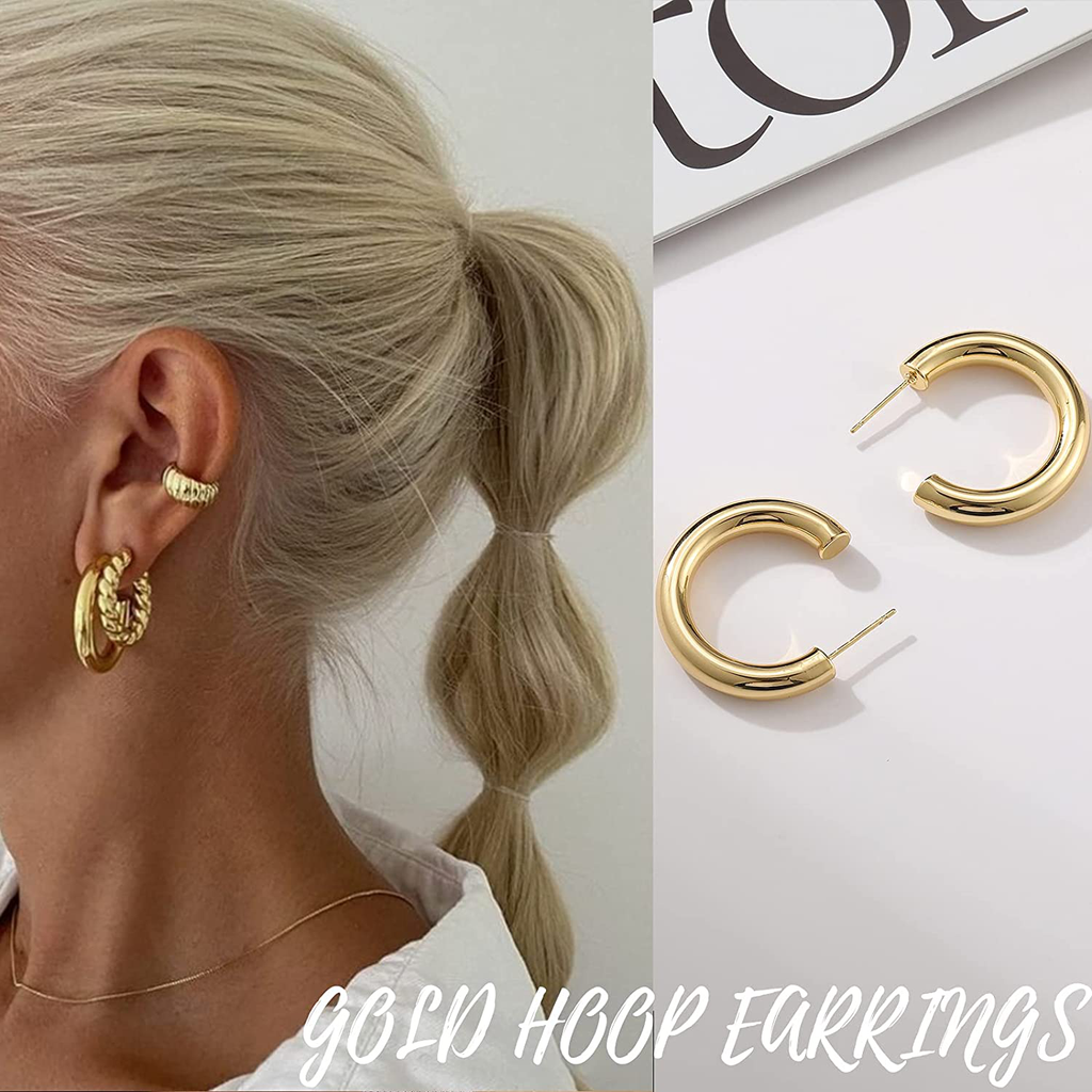 Gold Chunky Hoop Earrings Set for Women, 14K Gold Plated Lightweight Hypoallergenic Thick Open Hoops Set for Gift