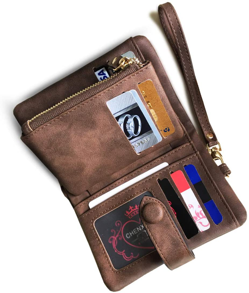 AOXONEL Women's Small Bifold Leather wallet Rfid blocking Ladies Wristlet with Card holder id window Coin Purse (Brown)