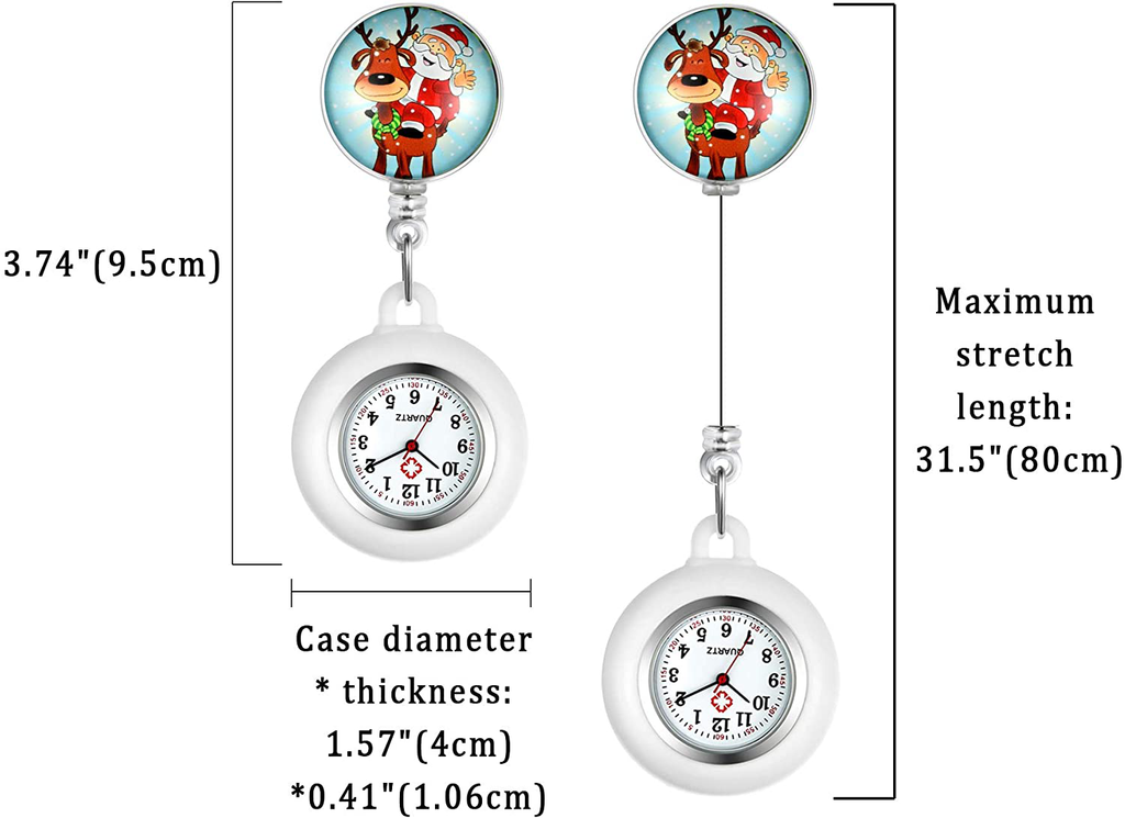 1-3 Pack Retractable Nurse Watch with Second Hand for Women and Men Santa Claus Pattern Lapel Hanging Clip-on Nurse Watch for Nurse and Doctors White Silicone Cover Pocket Watch for Christmas