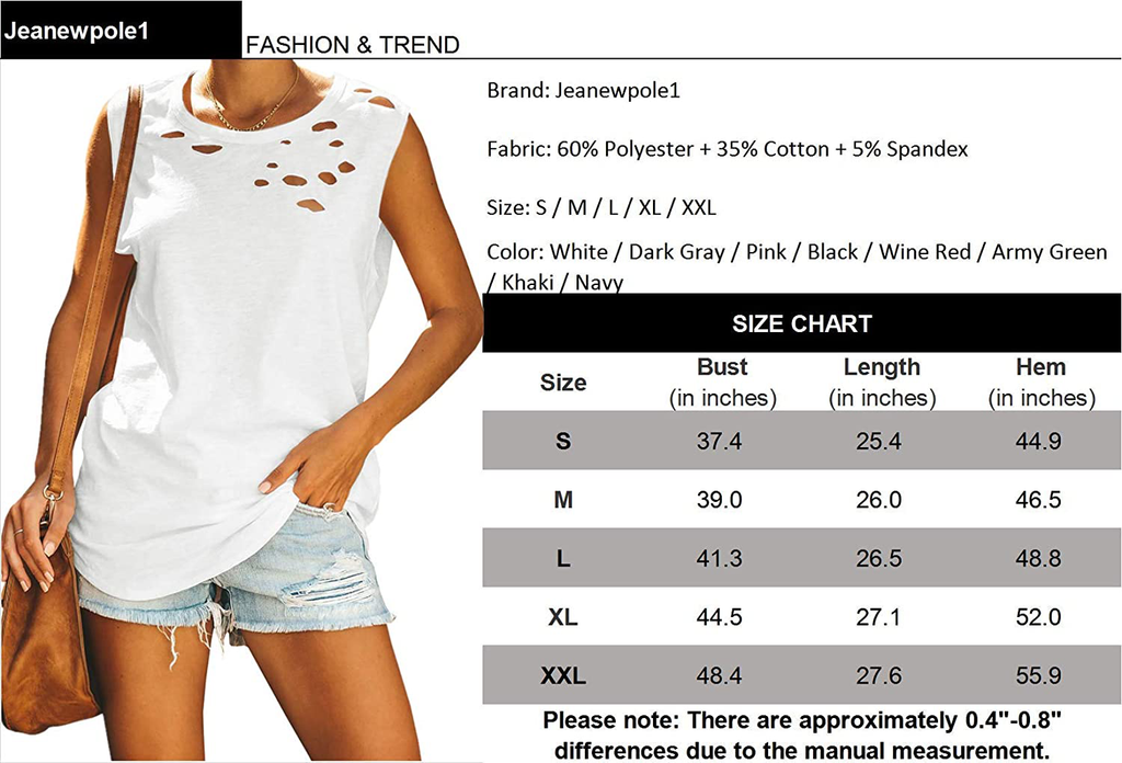 Jeanewpole1 Womens Ripped Casual Tank Tops Sleeveless Crew Neck Loose Summer Shirts Blouses