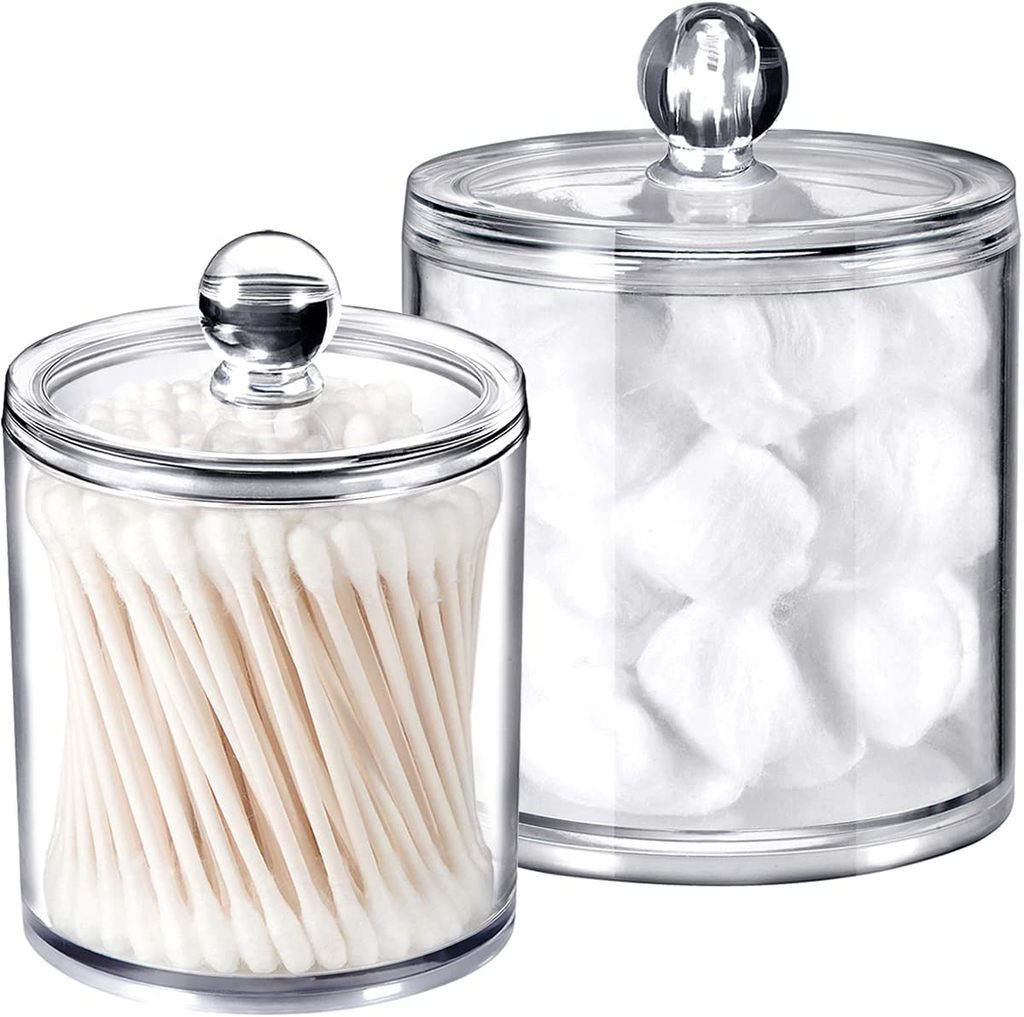 2 Pack of 15 Oz. Qtip Dispenser Apothecary Jars Bathroom with Labels - Qtip Holder Storage Canister Clear Plastic Acrylic Jar for Cotton Ball,Cotton Swab,Q-tips,Cotton Rounds (2 Pack of 15 Oz.，Small )