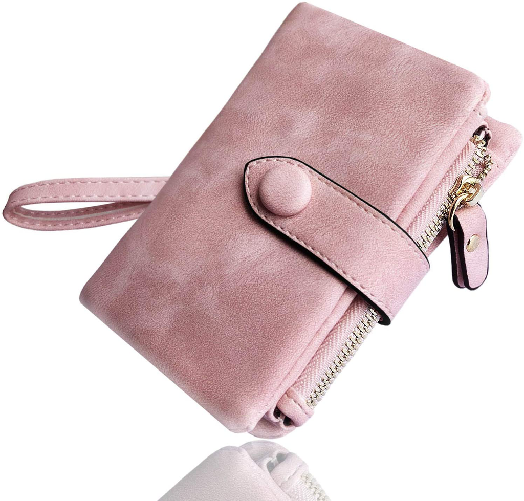 AOXONEL Women's Small Bifold Leather wallet Rfid blocking Ladies Wristlet with Card holder id window Coin Purse (Pink)