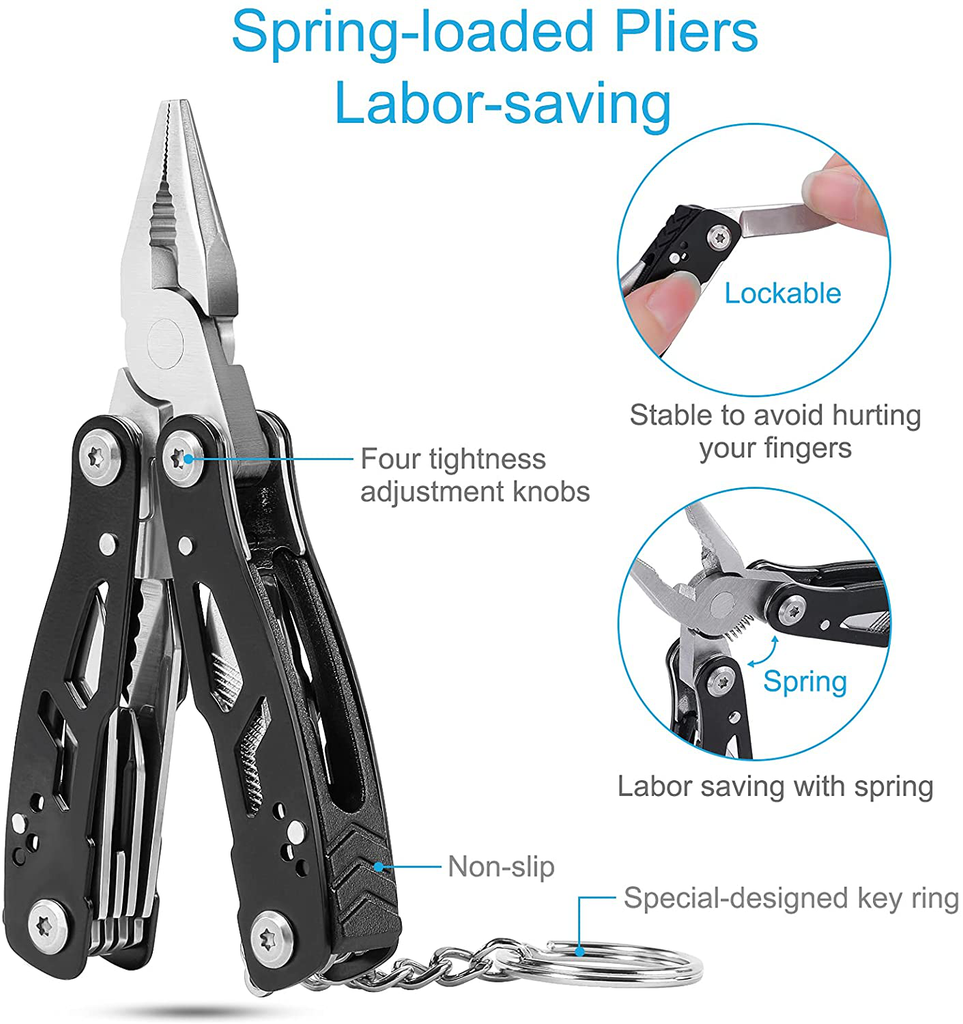 Bovgero 15-In-1 Mini Multitool Pliers with Keychain Glass Breaker, Premium Hard Stainless Steel Knives for Men, Portable Survival Fishing Camping Multi Tool Plier Knife, Black