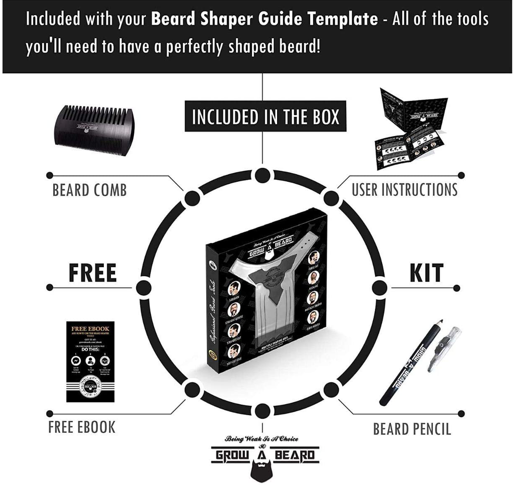 Beard Shaper & Beard Shaping Tool for Men, Beard Lineup Guide Template, Perfect for Styling and Edging, Includes Dual Action Beard Comb & Barber Pencil Liner