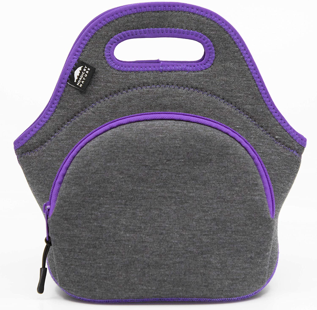 Nordic By Nature Neoprene Lunch Bag for Women & Lunch tote for Kids Insulated Lunch bag Reusable Washable Extra Thick Neoprene & Soft Cotton Feel, Premium Stitching, Outside Pocket, (M) Purple