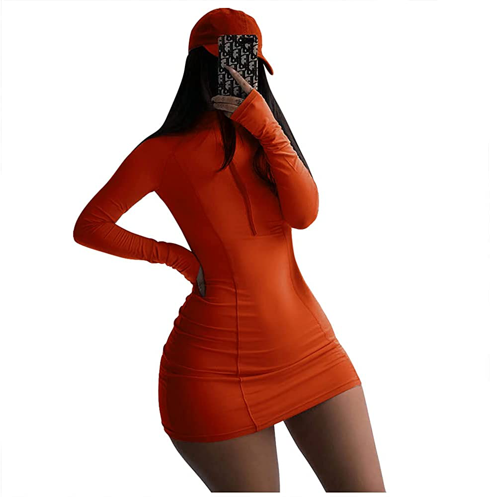 XLLAIS Women Long Sleeve Bodycon Dress with Zipper High Neck Cotton Ou MODAndME XLLAIS Women Long Sleeve Bodycon Dress with Zipper High Neck Cotton Ou MODAndME