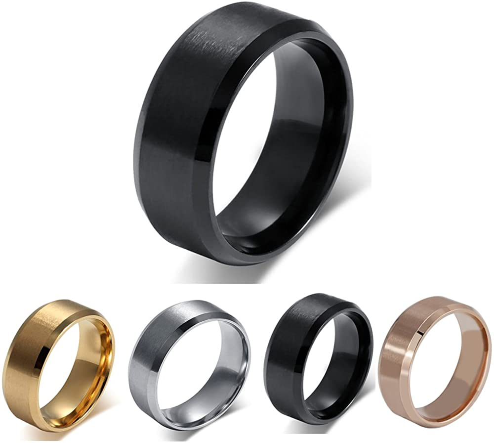 BEAUTY MADE EASY 8MM Mens Womens Titanium Stainless Steel Ring Band with Flat Brushed Top Polished Beveled Edge Size 5-14(Choosing Engraving Option for Free Engraving)