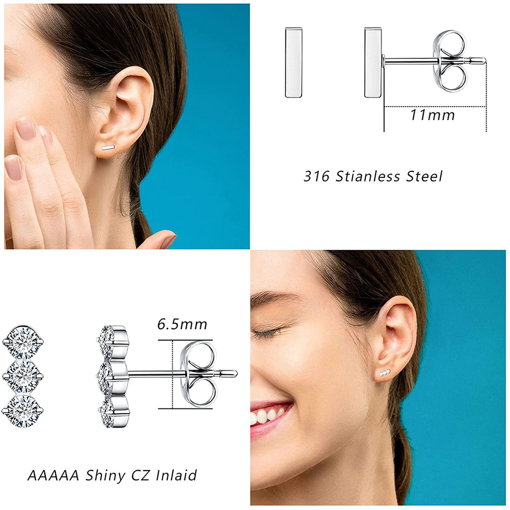 Stud Earrings for Women Hypoallergenic Surgical Stainless Steel Earring Cubic Zirconia Titanium Ear Rings for Sensitive Ears, Flat Backed, Silver