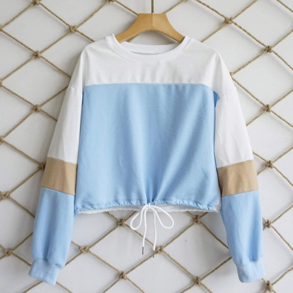 Angashion Womens Sweatshirt-Long Sleeve Drawstring Hem Color Block Crop Top Pullover Tops