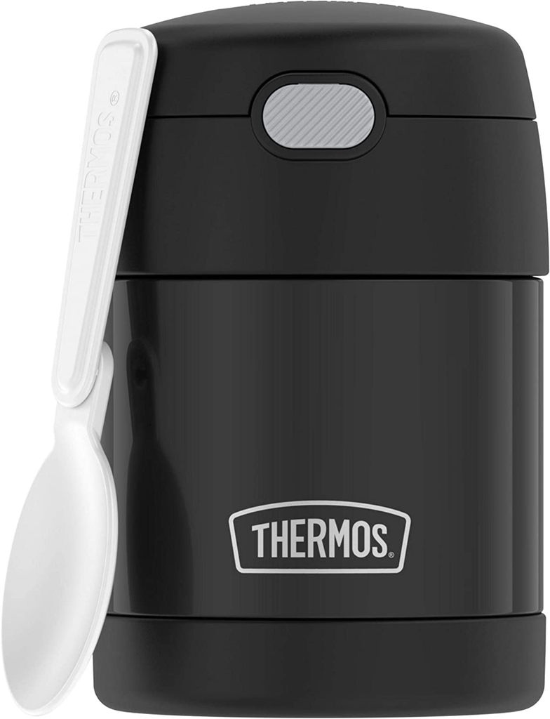 THERMOS FUNTAINER 10 Ounce Stainless Steel Vacuum Insulated Kids Food Jar with Folding Spoon, Black