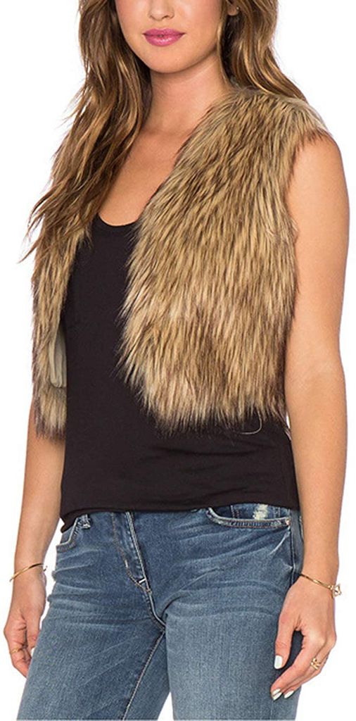 Tanming Women's Sleeveless Open Front Fluffy Short Faux Fur Vests Waistcoats