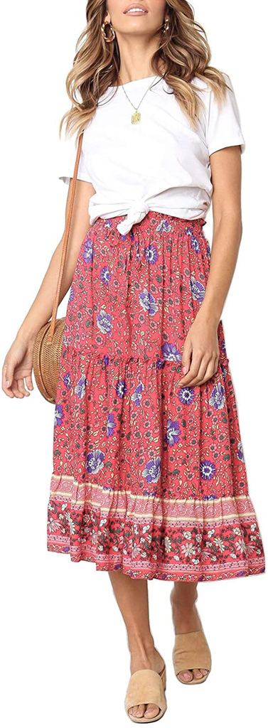 ZESICA Women's Bohemian Floral Printed Elastic Waist A Line Maxi Skirt with Pockets