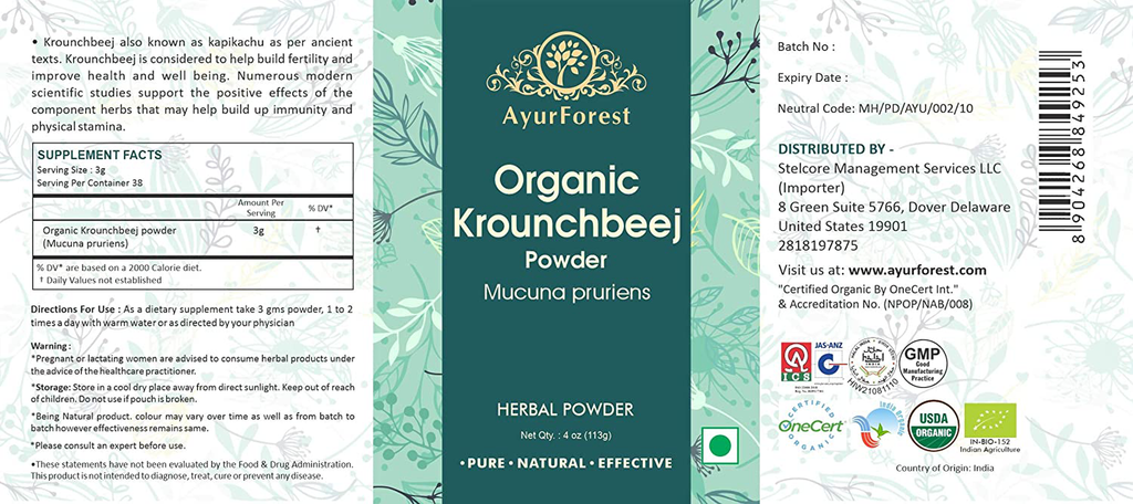 AyurForest Organic Krounchbeej Powder/Mucuna pruriens - 113 GMS Energy Supplement for Men Certified Organic by OneCert Int & EU Standard