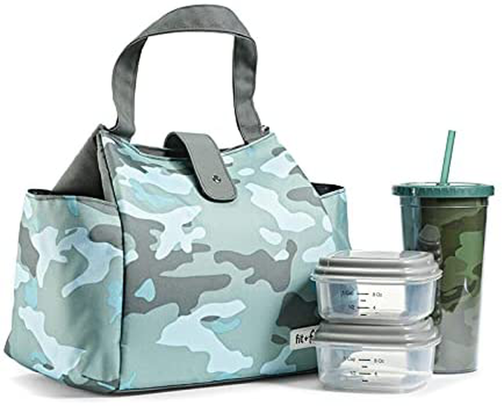 Fit + Fresh Westport Insulated Soft Liner Lunch Bag Kit with Reusable Containers, and Matching Water Bottle, Sage Camo
