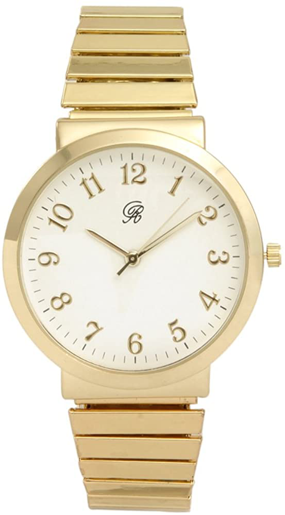 Charles Raymond Unisex 6" Stretch Band Classic, Easy Reader Watch with Clear Gold Arabic Numbers on Dial, Medium Size Face - 8197Strch