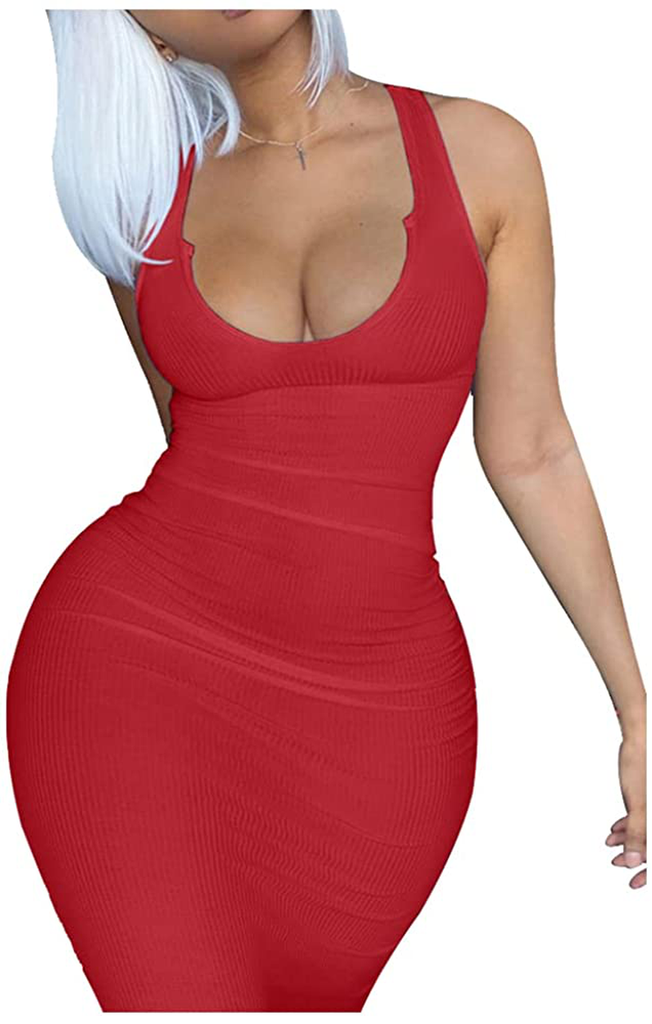 Mulisky Women's Sexy Bodycon Tank Dress Deep V Neck Sleeveless Ribbed Party Club Maxi Dress