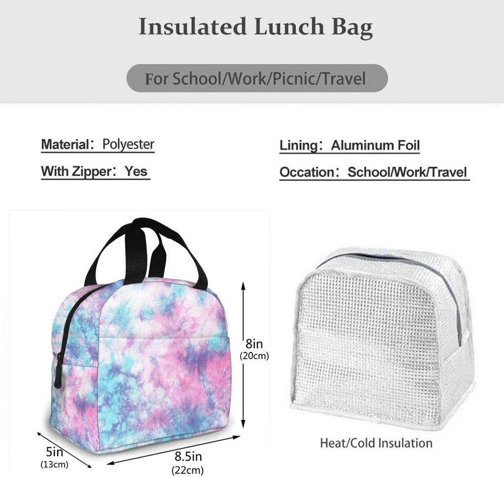 PrelerDIY Pastel Blue Pink Tie Dye Lunch Box Insulated Meal Bag Lunch Bag Reusable Snack Bag Food Container For Boys Girls Men Women School Work Travel Picnic