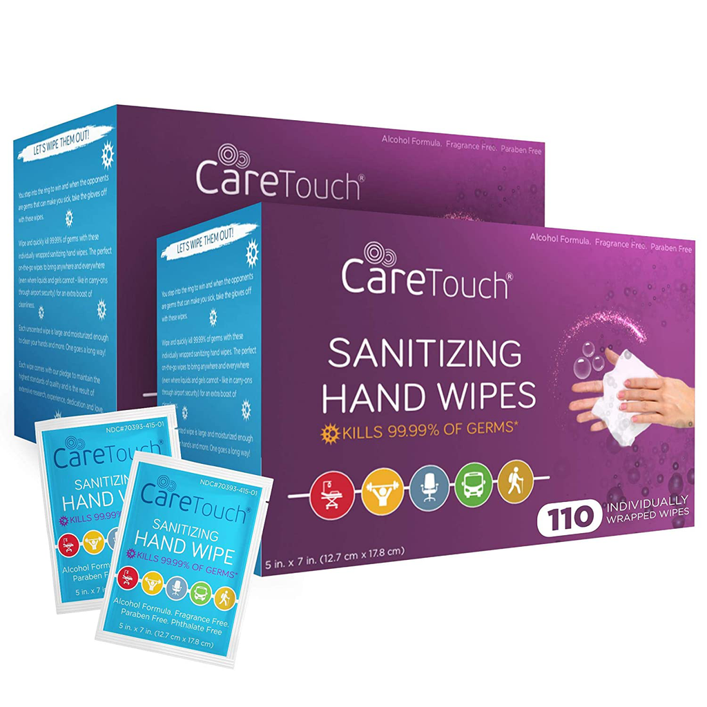 Care Touch Hand Sanitizer Wipes – 220 Individually Wrapped Packets (Box of 2, 110 Wipes Each)