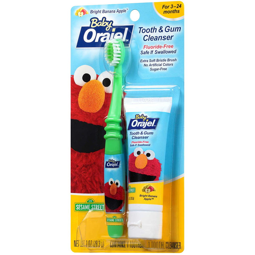 Orajel Elmo Fluoride-Free Tooth & Gum Cleanser 1.0 Oz. with Toothbrush, Banana Apple, 1 Oz.