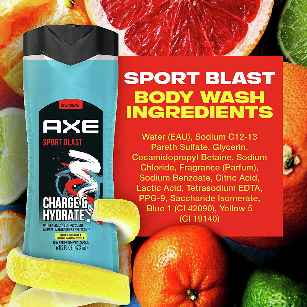 AXE Body Wash Charge and Hydrate Sports Blast Energizing Citrus Scent Men'S Body Wash 100 Percent Recycled Bottle 16 Fl Oz