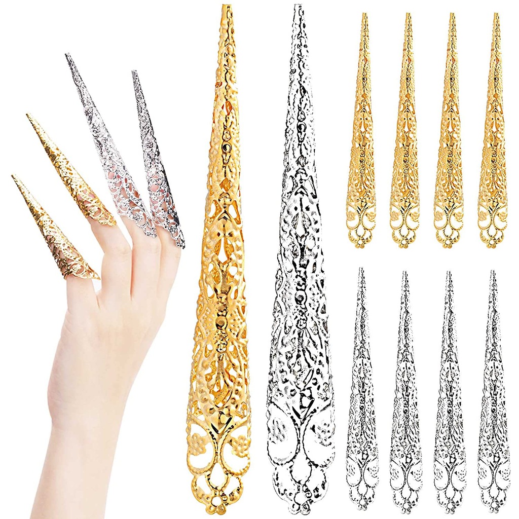 ANCIRS 10 Pack Finger Nail Tip Claw Rings, Ancient Queen Costume Fingertip Claw Nail Rings Decoration Accessory, Finger Knuckle Protectors for Halloween Cosplay Drama Dance Show