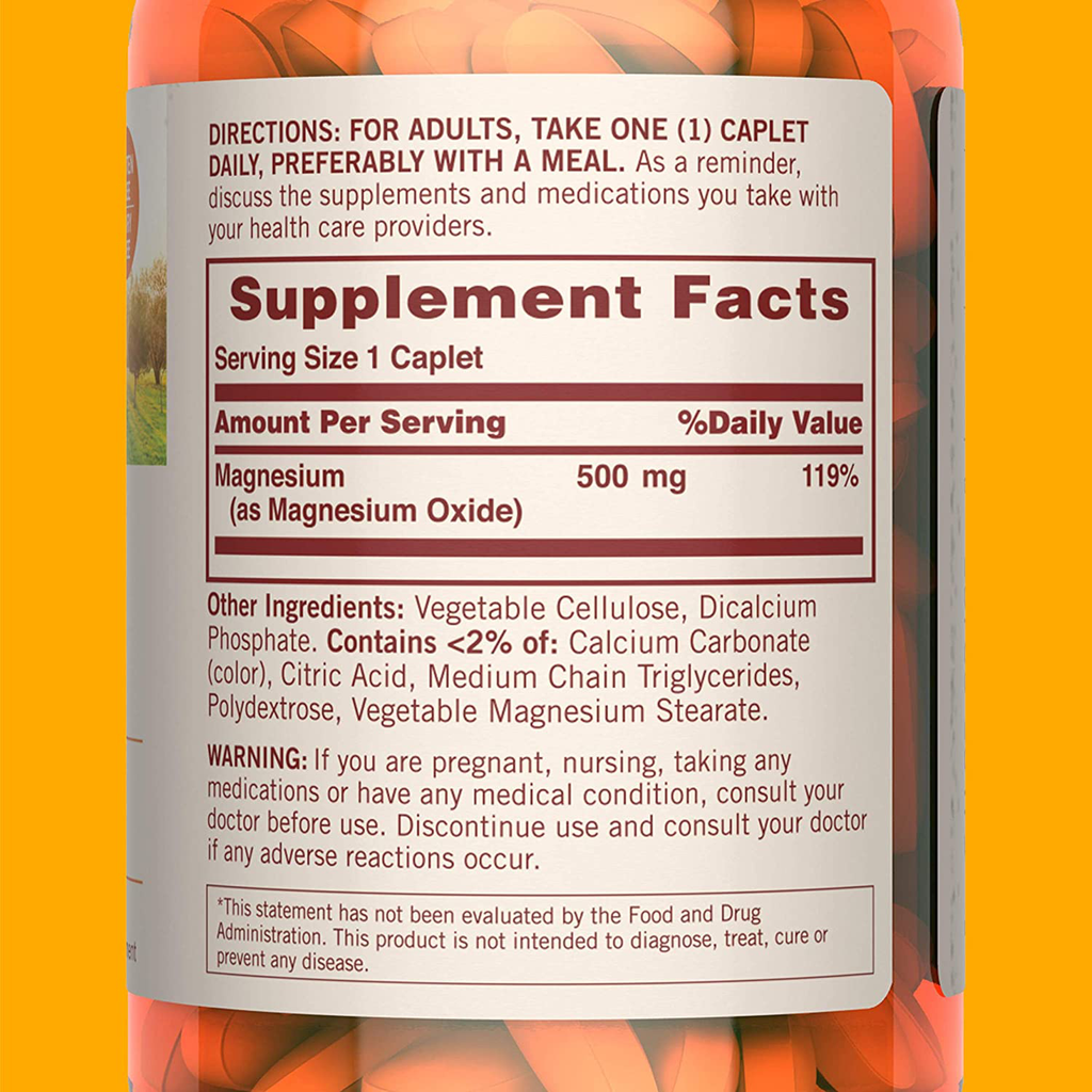 Sundown Magnesium Supplement, Non-GMOˆ, Gluten-Free, Dairy-Free, Vegetarian, 500mg Coated Caplets, 180 Count, 6 Month Supply