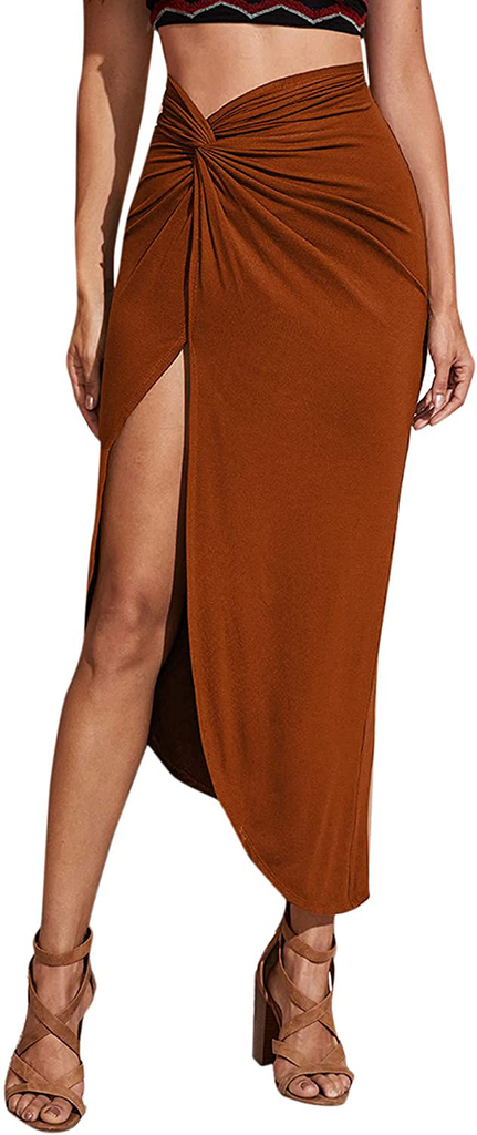 Verdusa Women's Twist Front Ruched Split Side High Waist Asymmetrical Long Skirt