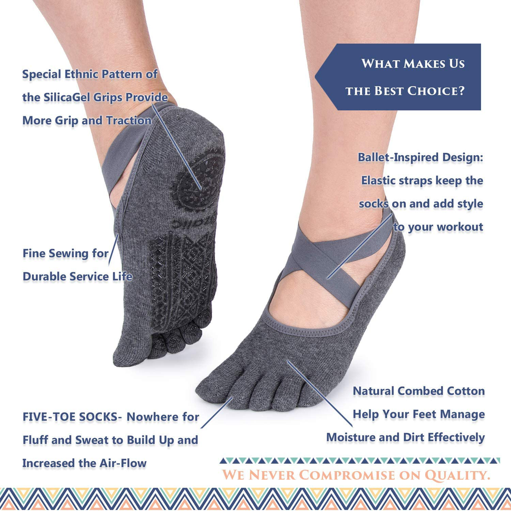 Ozaiic Yoga Socks for Women with Grips, Non-Slip Five Toe Socks for Pilates, Barre, Ballet, Fitness
