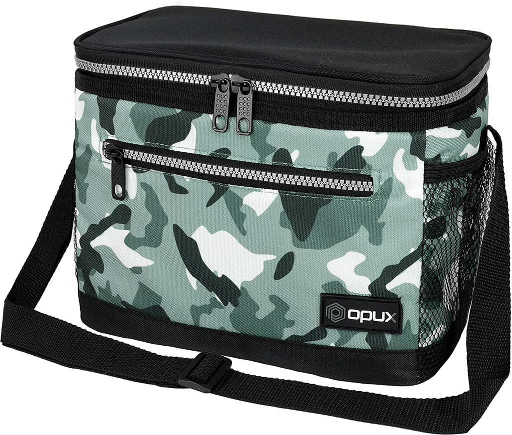 OPUX Insulated Lunch Box for Men Women, Leakproof Thermal Lunch Bag for Work, Reusable Lunch Cooler Tote, Soft School Lunch Pail for Kids with Shoulder Strap, Pockets, 14 Cans, 8L, Camo Green