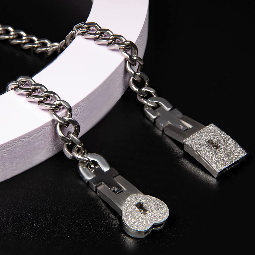 Key Necklace and Lock Bracelet Titanium Steel Couples Bracelet Key Interlock Jewelry Romantic Gift for Valentines Day, Birthday Wedding Gift for Women Her