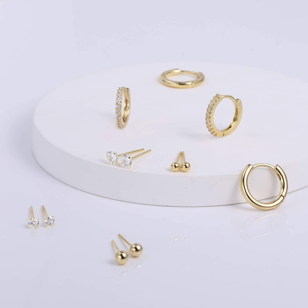 Earring Sets for Multiple Piercing | 14K Gold Plated Studs Earrings and Hoops Set Hypoallergenic Small Hoop CZ Ball Studs Earrings for Women Girls（6 Pairs）