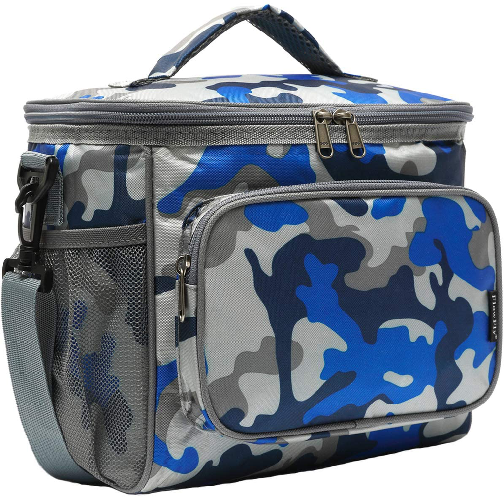 FlowFly Insulated Reusable Lunch Bag Adult Large Lunch Box for Women and Men with Adjustable Shoulder Strap Front Zipper Pocket and Dual Large Mesh Side Pockets, Blue Camo
