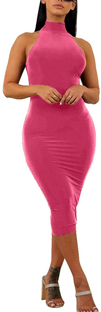 GOBLES Women's Sexy Halter High Neck Elegant Sleeveless Bodycon Midi Club Dress