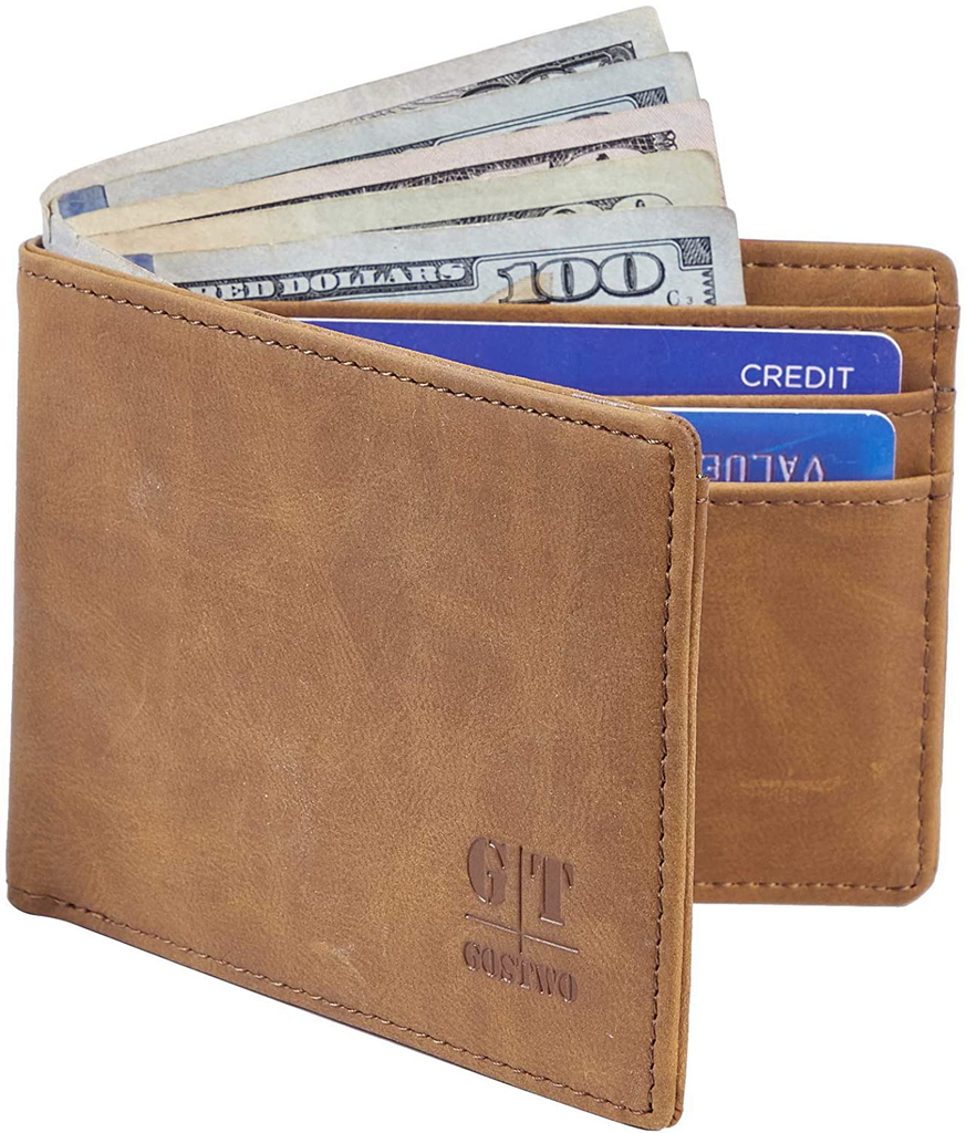 Gostwo Mens Slim Minimalist Front Pocket Wallet Genuine Leather ID Window Card Case RFID Blocking (Brown)