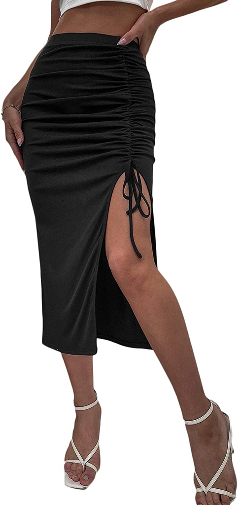 SheIn Women's Drawstring Ruched Side Split Hem Midi Skirt