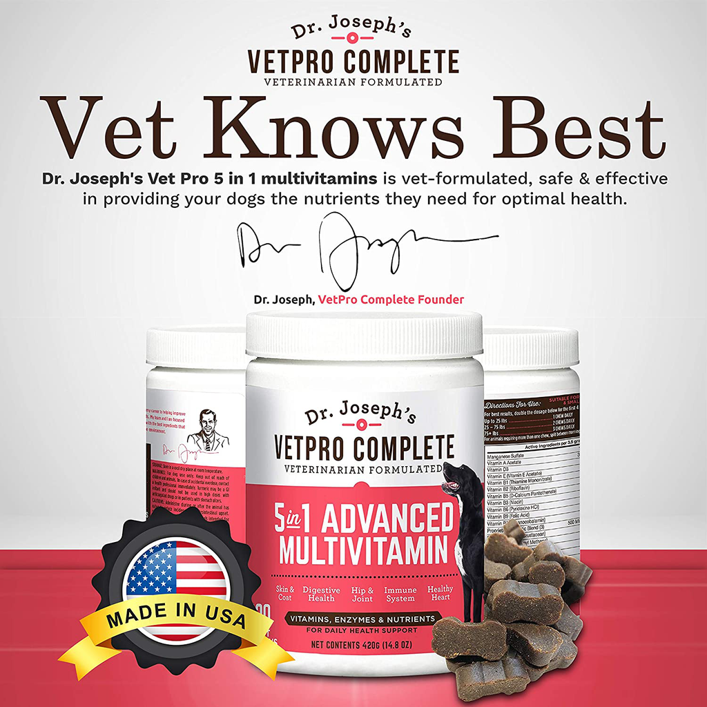 VetPro Dog Vitamins and Supplements - Pet Multivitamins with Probiotics, Glucosamine for Hip and Joint Health, Immune System Support, Allergy Meds - 5 in 1 Chewable Multivitamin for Puppy to Senior