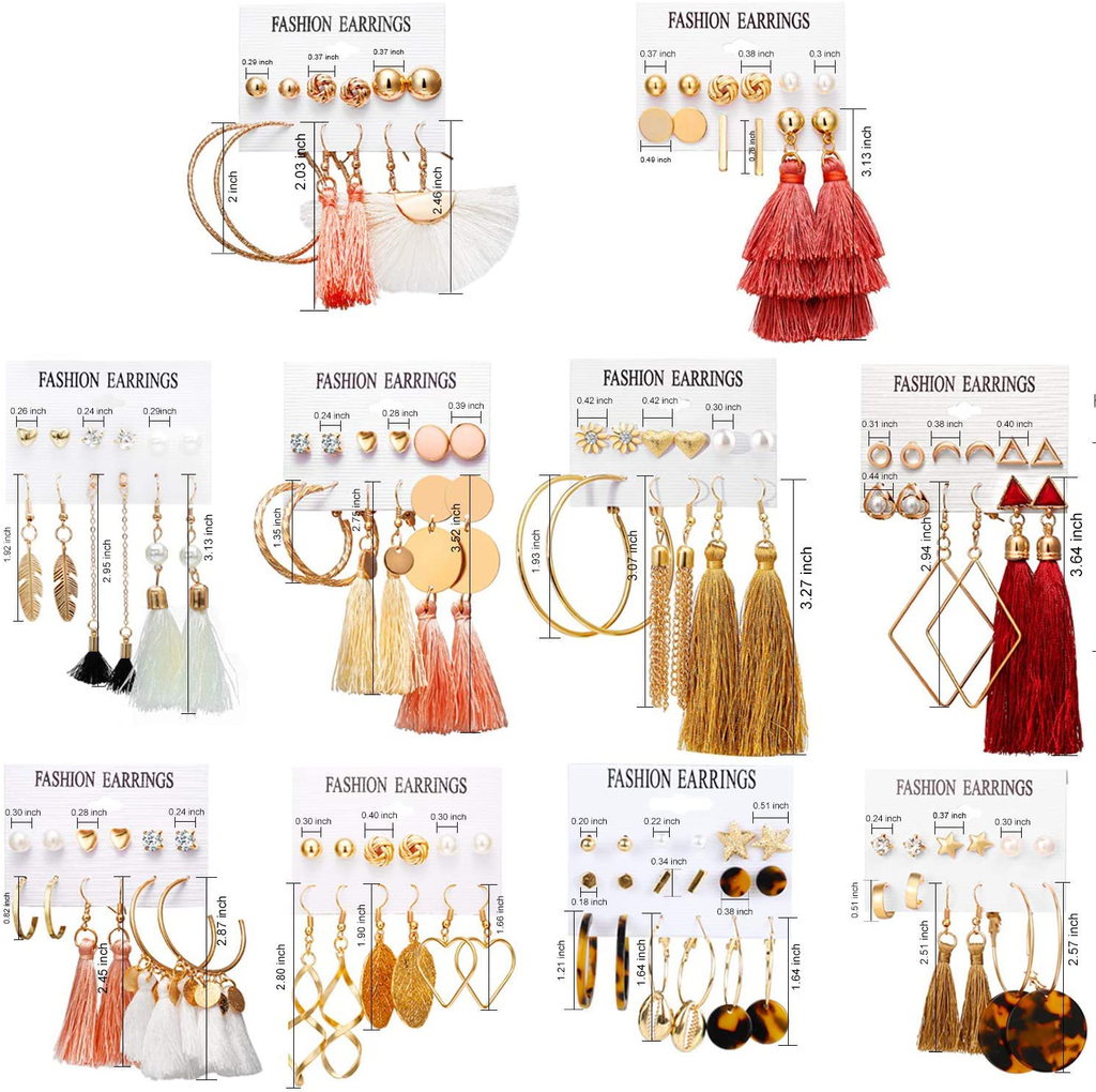 63Pairs Fashion Earrings with Tassel Earrings Layered Ball Dangle Hoop Stud Jacket Earrings for Women Girls Jewelry Fashion and Valentine Birthday Party Gift