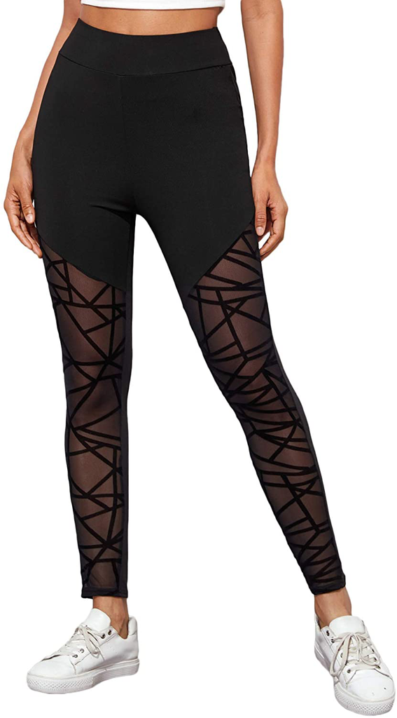 Verdusa Women's Elastic Waist Geo Print Sheer Mesh Skinny Cropped Leggings