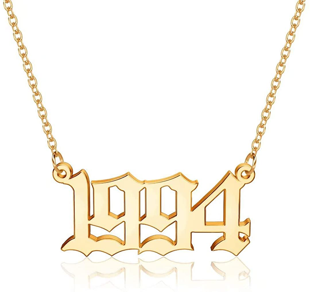 M MOOHAM Birth Year Necklace for Women, 18K Gold Plated Old English Birth Year Number Pendant Necklace Jewelry Gifts for Women Birthday Anniversary, 1970-2021