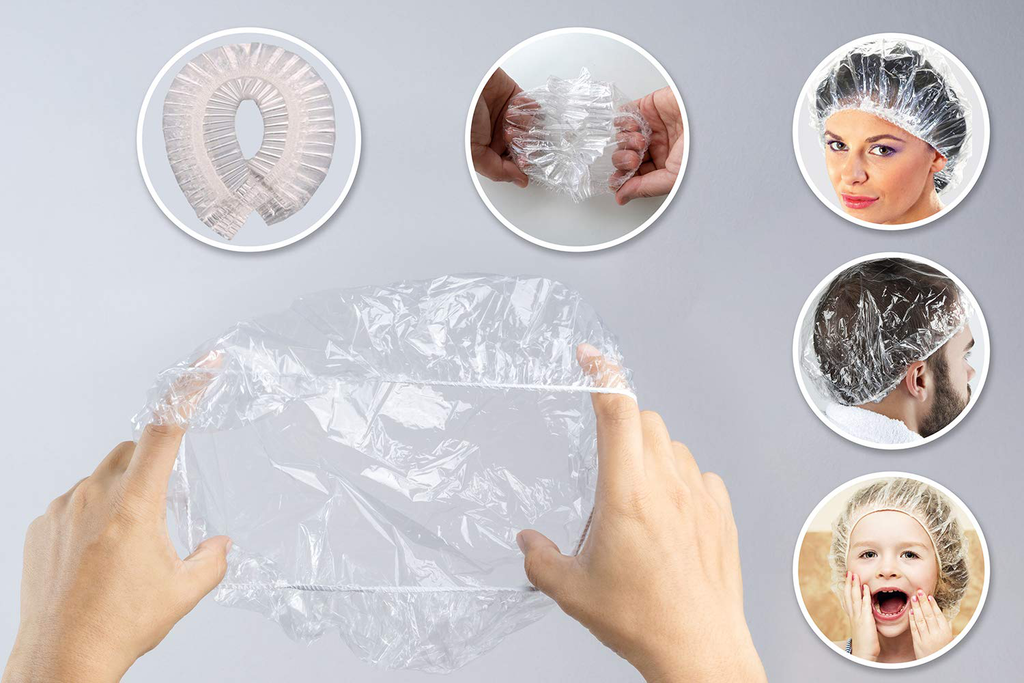 100+10 Disposable Clear Mop Mob Caps Clipped Hair Head Cover Shower Cap Plastic for Beauty Salon,Food Service,Hospitals,Laboratories,Manufacturing or Spray Tanning